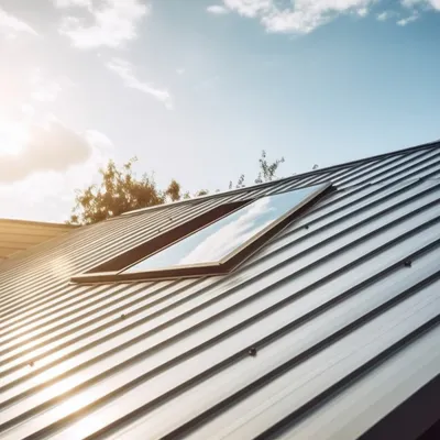 A metal roof with a skylight under a blue sky